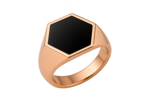 Elegant rose gold ring with a black stone isolated on transparent background.
