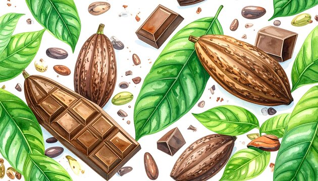 Chocolate pods and leaves