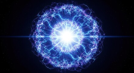 A brilliant spherical energy core radiates intense white light enveloped by intricate blue and purple plasma arcs against a dark star-filled cosmic backdrop with a central light streak