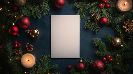 Holiday decorations arranged around a blank greeting card on a dark blue surface
