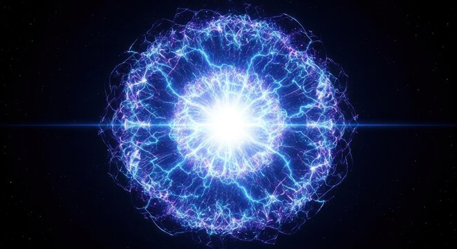 A brilliant spherical energy core radiates intense white light enveloped by intricate blue and purple plasma arcs against a dark star-filled cosmic backdrop with a central light streak