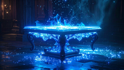 A glowing crystal table radiating soft blue light, intricate carvings shimmering as if alive, surrounded by floating sparks of magical energy, 