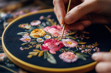 A person is embroidering with colorful flowers on black fabric using yellow thread, hand holding a needle and the yellow hoop, focus on the hands doing the artwork