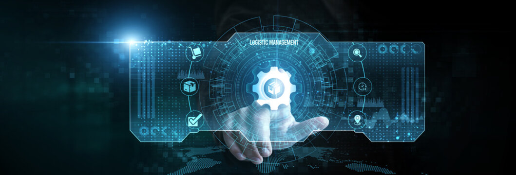 Businessman touching the logistic management icon on the digital screen analyzing data. supply chain optimization, inventory tracking, real-time shipping updates, warehouse management - Powered by Adobe