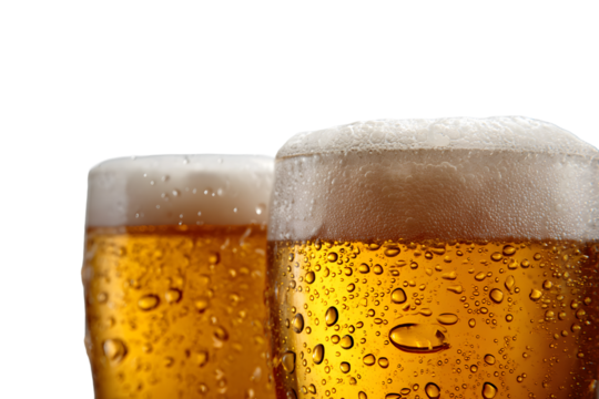Refreshing cold beer glasses with condensation and frothy foam, perfect for summer celebrations