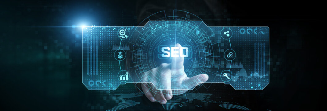 Businessman touching the SEO icon on the digital screen analyzing data, keyword ranking, backlink strategy, on-page optimization, content marketing, organic traffic growth, and search visibility.