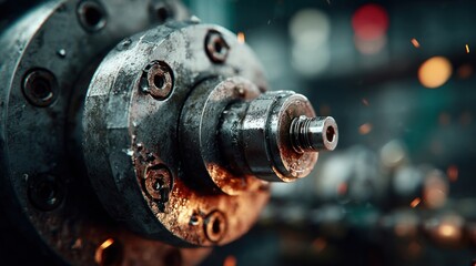 Close-up of industrial machinery parts with metallic textures in warm light