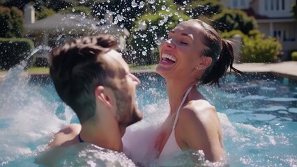 Young couple in hot tub. A man splashes water in a pool. Female swimming in the summer. A young pair in a jacuzzi lifestyle.