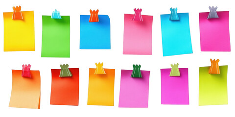 Assortment of Colorful Sticky Notes with Decorative Clips Keywords: sticky notes, paper isolated on a transparent background