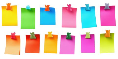 Assortment of Colorful Sticky Notes with Decorative Clips Keywords: sticky notes, paper isolated on a transparent background