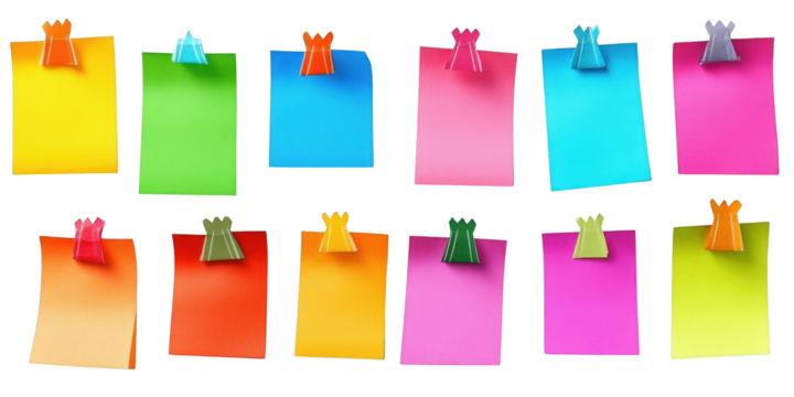Assortment of Colorful Sticky Notes with Decorative Clips Keywords: sticky notes, paper isolated on a transparent background - Powered by Adobe