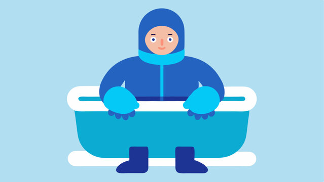Adaptive Gear The individual wearing specially designed thermal gloves and booties while immersed in the cold tub showcasing adaptation for comfort.