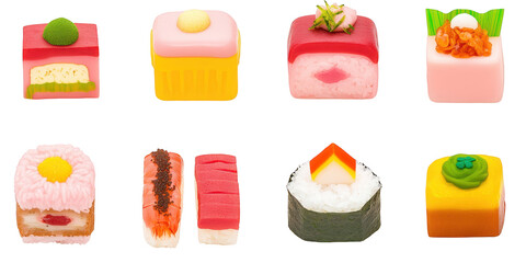 Assortment of Eight Colorful Decorative Sushi- Shaped Candies on Black candy sweet isolated on a transparent background