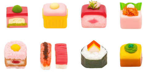 Assortment of Eight Colorful Decorative Sushi- Shaped Candies on Black candy sweet isolated on a transparent background