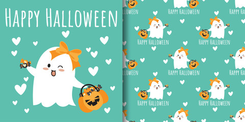 Halloween banner and seamless pattern. Cute ghost sticking out his tongue, wearing ribbon, holding Halloween basket full of candies on light green background with white hearts.