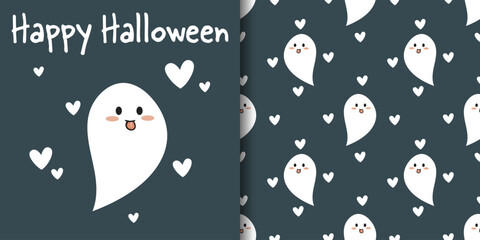 Halloween banner and seamless pattern. Cute little ghost sticking out his tongue with white hearts with Happy Halloween text on dark gray background.