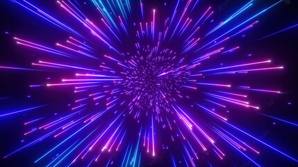 Naklejka premium Futuristic 3D render abstract background with glowing blue and purple neon laser rays, exploding light beams, particle tunnel, virtual fireworks effect, space warp speed travel concept