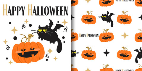 Halloween banner and seamless pattern of cute black cat with bat wings and Halloween pumpkin, stars and Happy Halloween text on white background.