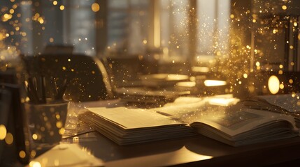 Obraz premium Book pages open with golden light bokeh on desk for study reading and knowledge inspiration concept