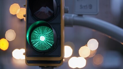 Traffic light with a green light. Traffic signals with green lights on the road. Urban transportation at night in a city. A traffic signal displaying a green light lifestyle.
