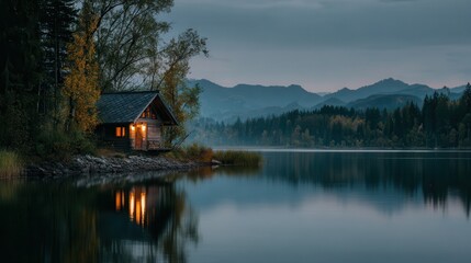 Fototapeta premium Tranquil lakeside cabin illuminated by warm light during dusk with mountain backdrop and calm water reflection