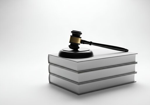 Wooden judge gavel on stack of books on plain light background