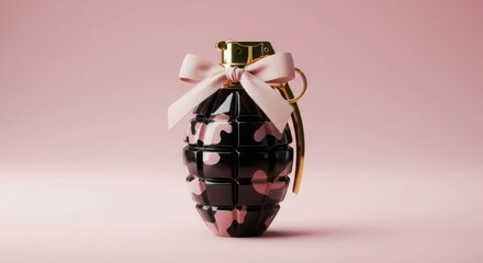 Stylish grenade bottle with pink bow on pink background