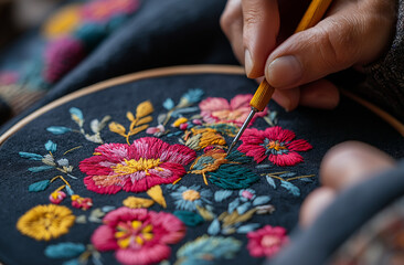 A person is embroidering with colorful flowers on black fabric using yellow thread, hand holding a needle and the yellow hoop, focus on the hands doing the artwork