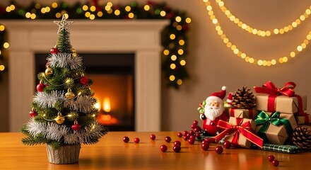 Christmas tree with gifts, and fireplace.