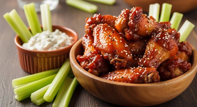 Deliciously seasoned chicken wings, glistening with a sweet and savory glaze, are served alongside crisp celery sticks and a creamy blue cheese dip.