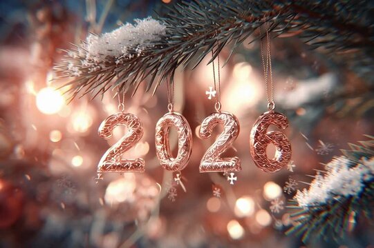 2026 New Year Decoration. Festive 2026 New Year decoration on snowy pine branch. Ideal for holiday cards and seasonal promotions.