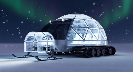 Futuristic Arctic Exploration Vehicle with Geodesic Dome Habitation and Aurora Borealis Sky
