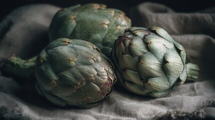 Obraz premium Fresh artichokes resting on a gray cloth in a home kitchen setting during the afternoon