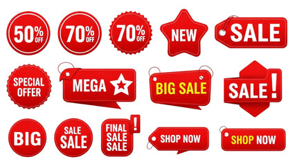 Red Discount Tags Vector Set | Sale Badges, Special Offer Labels and Shopping Icons Collection
