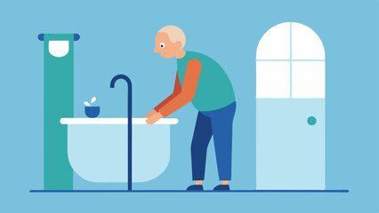 Bathroom Grab Bars An older man safely using grab bars while getting in and out of a bathtub emphasizing safety and security in daily routines.