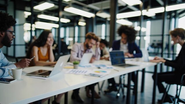 People sitting at a table with laptops. A teamwork meeting in the office. Professional laptops and laptops in a collaborative workspace. Individuals at a table using laptops lifestyle.