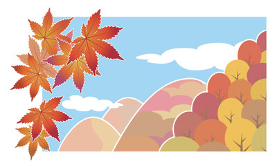 快晴の空に紅葉した山々ともみじの風景イラスト