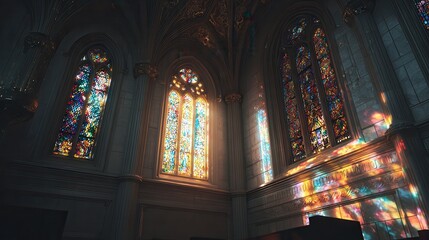 Fototapeta premium Stained glass windows illuminate a quiet interior during golden hour at a historic church