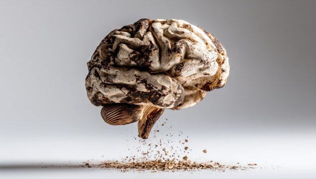 A weathered brain, seemingly levitating, is surrounded by crumbling dust