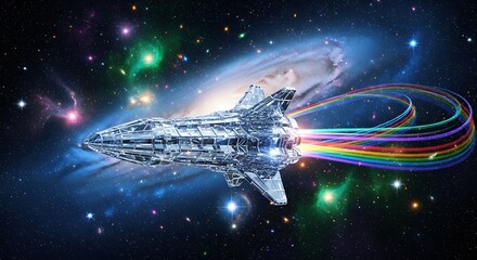 Futuristic Spacecraft Blasting Through Colorful Nebula and Galaxies in Deep Space Exploration