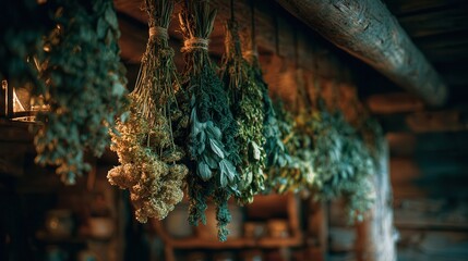 Obraz premium Dried herbs hanging in a rustic kitchen with warm, natural lighting showcasing traditional food preservation techniques