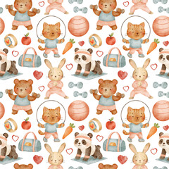 Cute watercolor seamless pattern with animals doing fitness, gym equipment, fruits and vegetables. Pastel colors, white background, perfect for kids designs, stickers, cards, textiles.