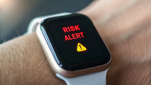 Proactive risk management alert displayed on smartwatch screen for health and safety monitoring