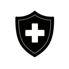 Obraz premium Black shield with white cross inside, representing health, safety, and protection, isolated on a white background