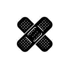 Simple Black Silhouette Icon of Two Crossed Adhesive Bandages Symbolizing First Aid, Wound Care, and General Medical Treatment or Injury Protection