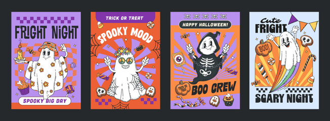 Funny groovy Halloween ghost characters posters, vector trick or treat horror night party. Cartoon retro y2k scary ghost and phantom boo characters, Halloween costumes and candies groovy posters set