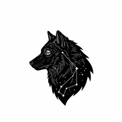 Captivating black and white illustration of a wolf's head, featuring a starry night sky and constellation within its silhouette, embodying wild nature and cosmic wonder