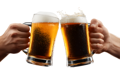 Cheers to good times: Two hands clink beer mugs with refreshing bubbles and foam, celebrating