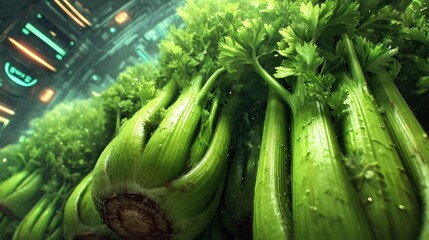 Fototapeta premium Fresh celery stalks, vibrant green and glistening with water droplets, are showcased within a futuristic, enclosed space.