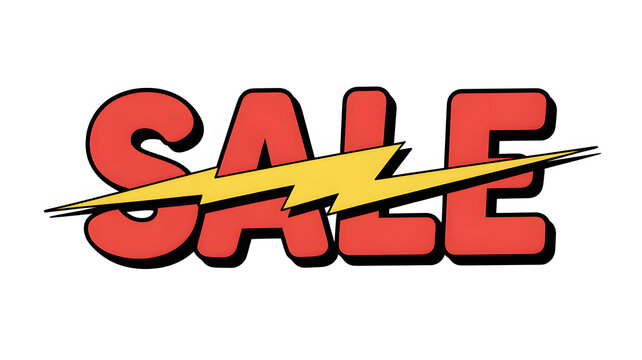 Comic Style SALE Text with Yellow Lightning Bolt, Bright High Contrast Design
